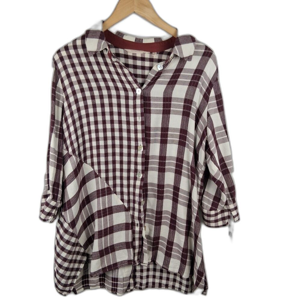 Soft Surroundings Women’s Plaid Blouse Size LP Burgundy Purple Cottage Cabincore